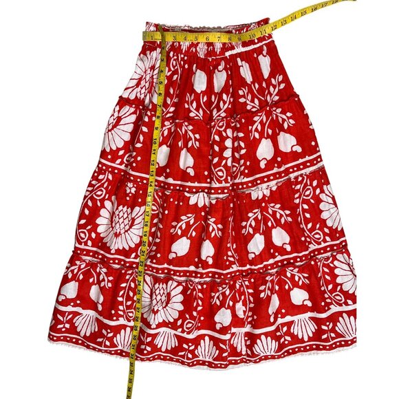 Haute Hippie Red Orange & White Floral Tired Linen Blend Midi Skirt Size Small - Picture 7 of 10